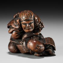 MASATOSHI: A RARE WOOD NETSUKE OF KUMAGAI NAOZANE AND TAIRA ATSUMORI IN COMBAT