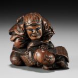 MASATOSHI: A RARE WOOD NETSUKE OF KUMAGAI NAOZANE AND TAIRA ATSUMORI IN COMBAT