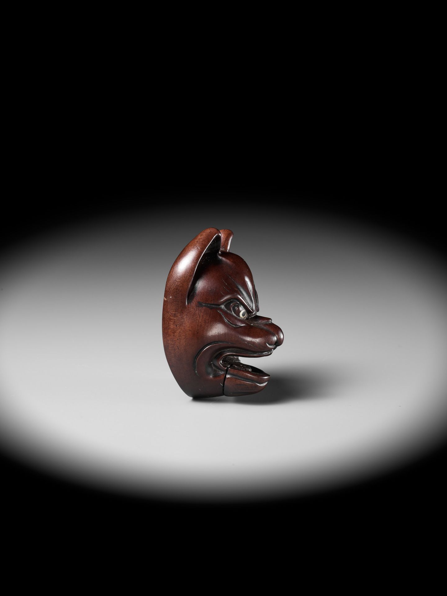 TAKASHIGE: A SUPERB AND LARGE WOOD MASK OF KITSUNE (FOX) WITH MOVABLE JAW - Image 12 of 16