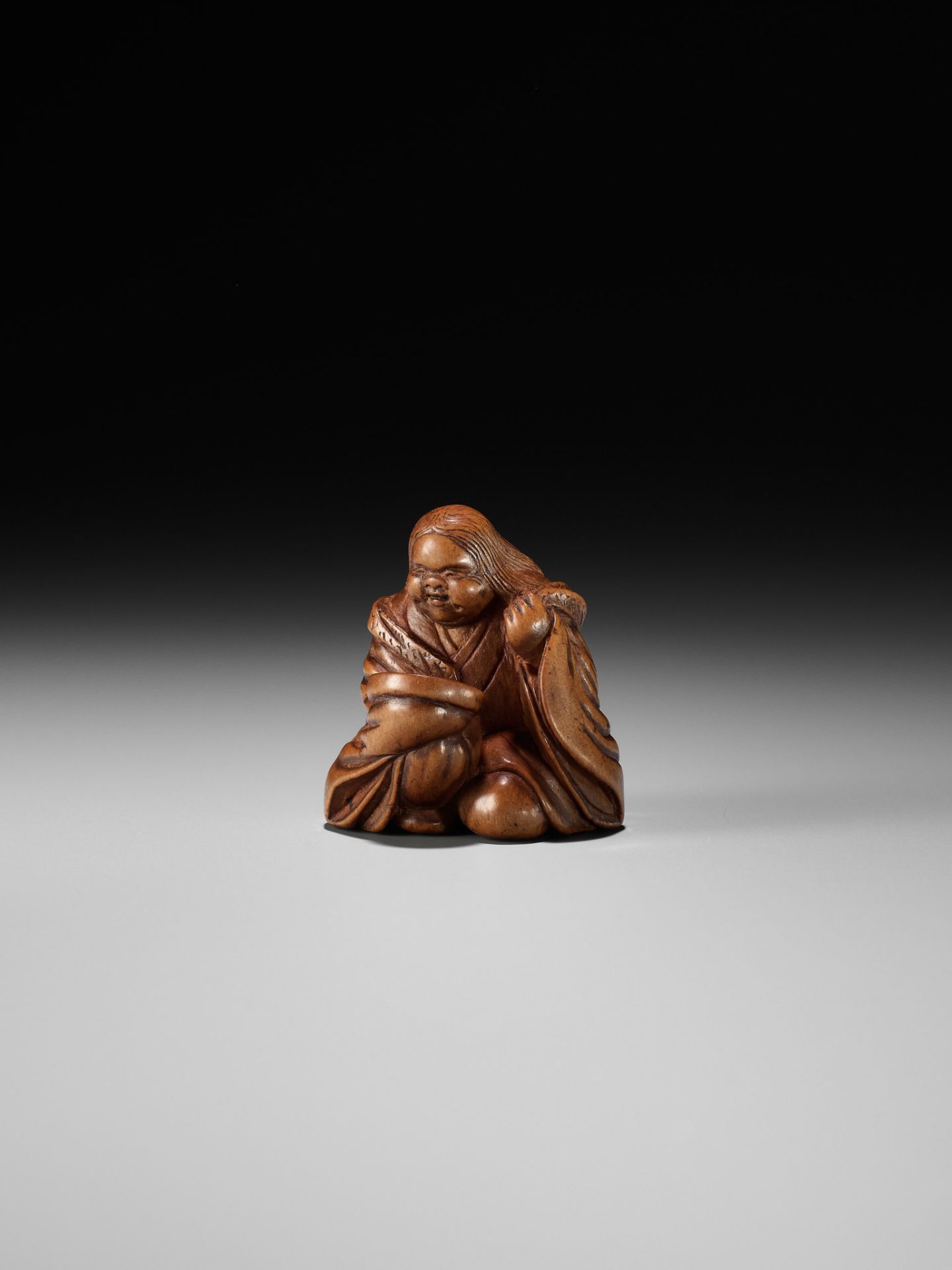 JOBUN: A VERY RARE WOOD NETSUKE OF OKAME WITH A SAKE SAUCER - Image 3 of 14