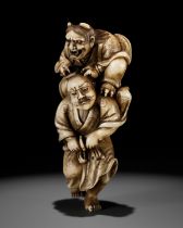 IKKOSAI: A POWERFUL IVORY NETSUKE OF OMORI HIKOSHICHI ENCOUNTERING THE DEMONESS