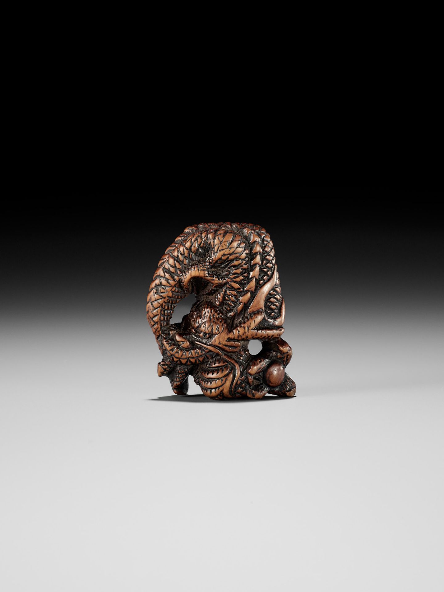 A POWERFUL WOOD NETSUKE OF A COILED DRAGON - Image 7 of 8