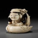 GYOKUMIN: A FINE TOKYO SCHOOL IVORY NETSUKE OF EBISU CATCHING A SEA BREAM