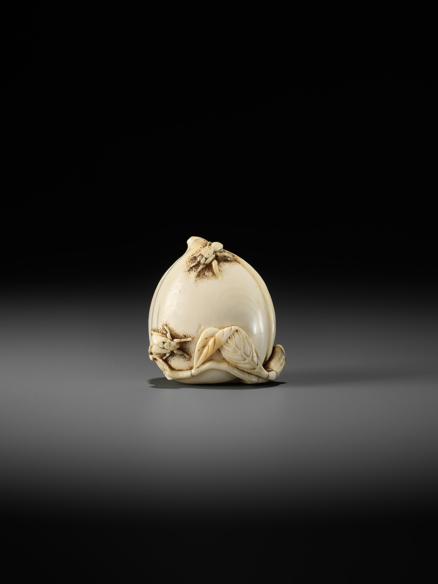 AN IVORY NETSUKE OF A PEACH WITH INSECTS - Image 2 of 10