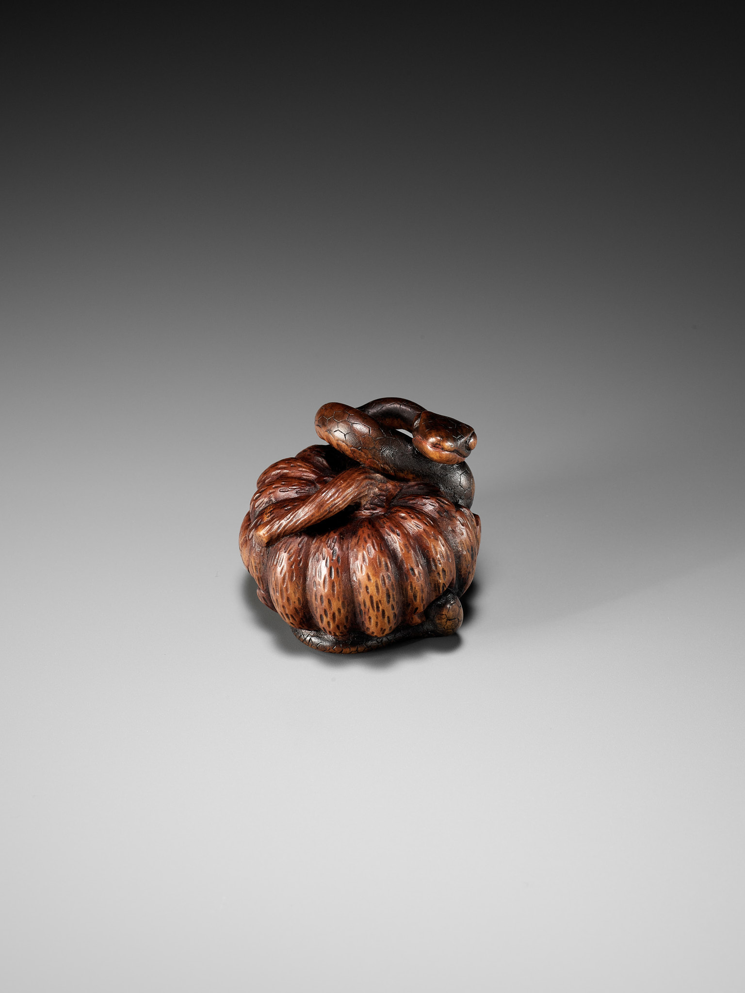 SHIGEMASA: A FINE NAGOYA SCHOOL WOOD NETSUKE OF SNAKE WINDING THROUGH A PUMPKIN - Image 6 of 11