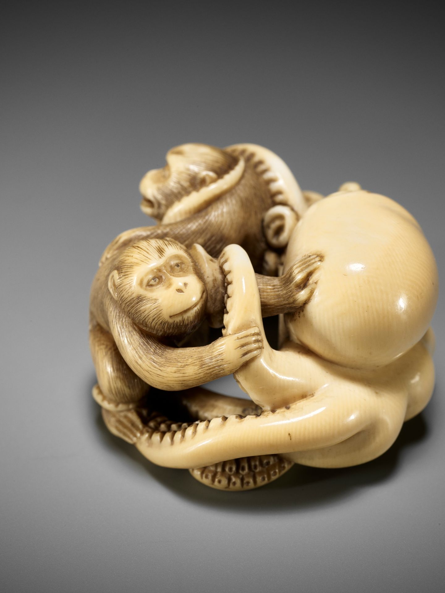 IKKOSAI: A SUPERB IVORY NETSUKE OF TWO MONKEYS FIGHTING AN OCTOPUS - Bild 3 aus 15