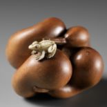 MASANAO: A FINE INLAID WOOD NETSUKE OF FIVE GOURDS AND A FROG