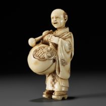 MINKOKU: AN IVORY NETSUKE OF TEMPLE SERVANT WITH A MOKUGYO