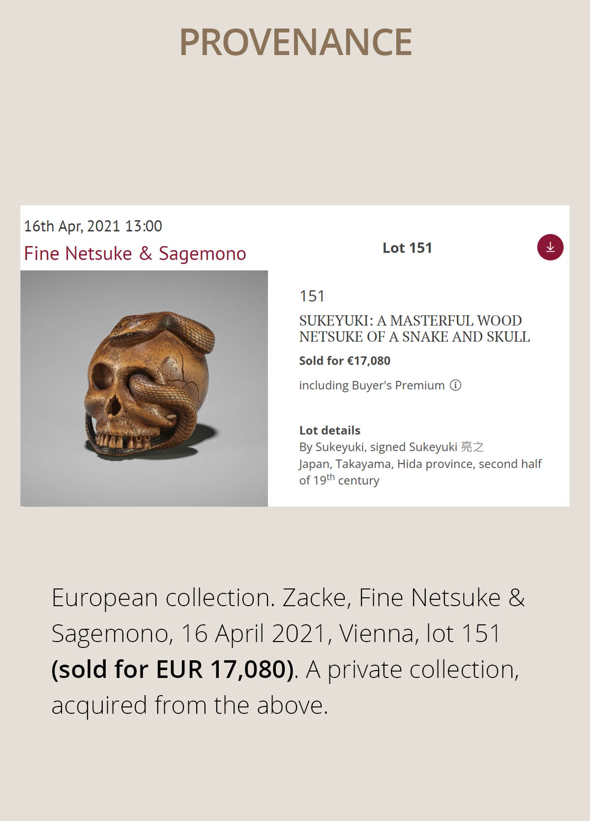 SUKEYUKI: A MASTERFUL WOOD NETSUKE OF A SNAKE AND SKULL - Image 6 of 19