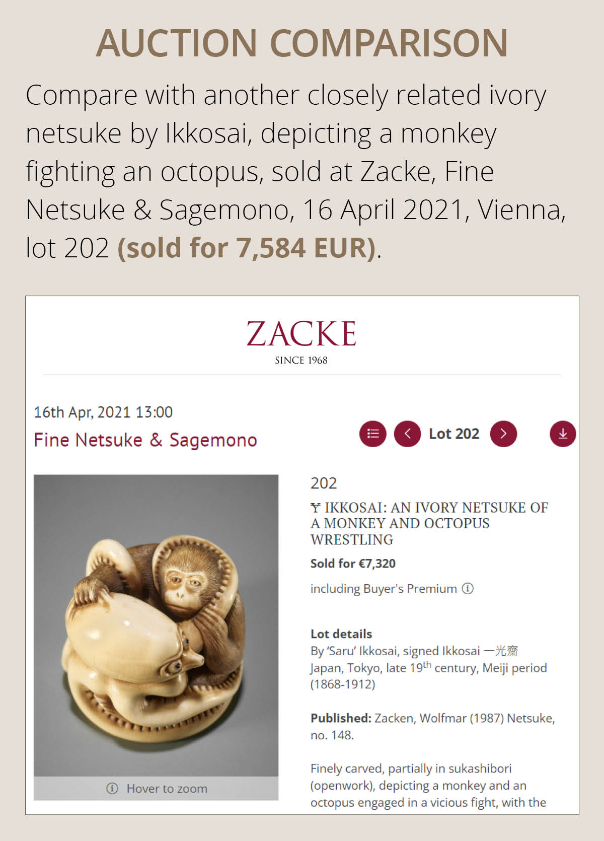 IKKOSAI: A SUPERB IVORY NETSUKE OF TWO MONKEYS FIGHTING AN OCTOPUS - Image 5 of 15