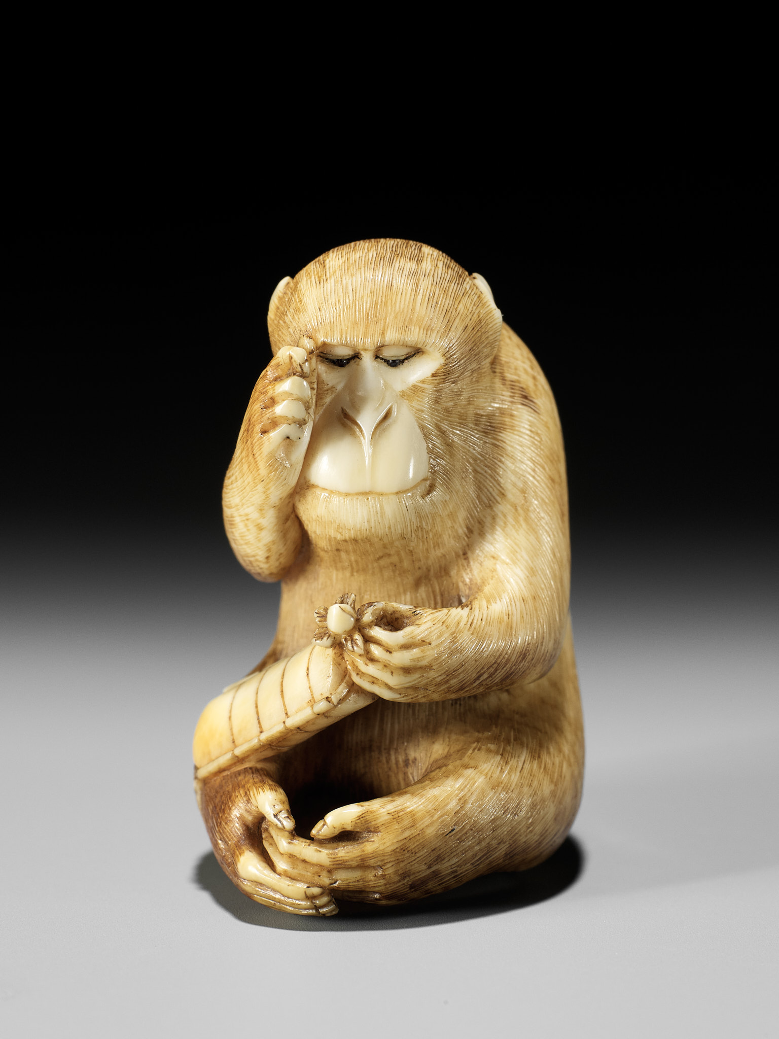 MASATOMO: AN AMUSING IVORY NETSUKE OF A SEATED MONKEY STUDYING A PEACH NETSUKE - Image 12 of 15