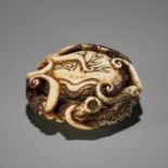 ISSHIN: A SUPERB STAG ANTLER NETSUKE OF AN ENTANGLED OCTOPUS