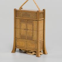 YAMAGUCHI SHOJOSAI: AN UNUSUAL GOLD-LACQUER THREE-CASE INRO IN THE FORM OF AN OI (MONK'S BACKPACK)