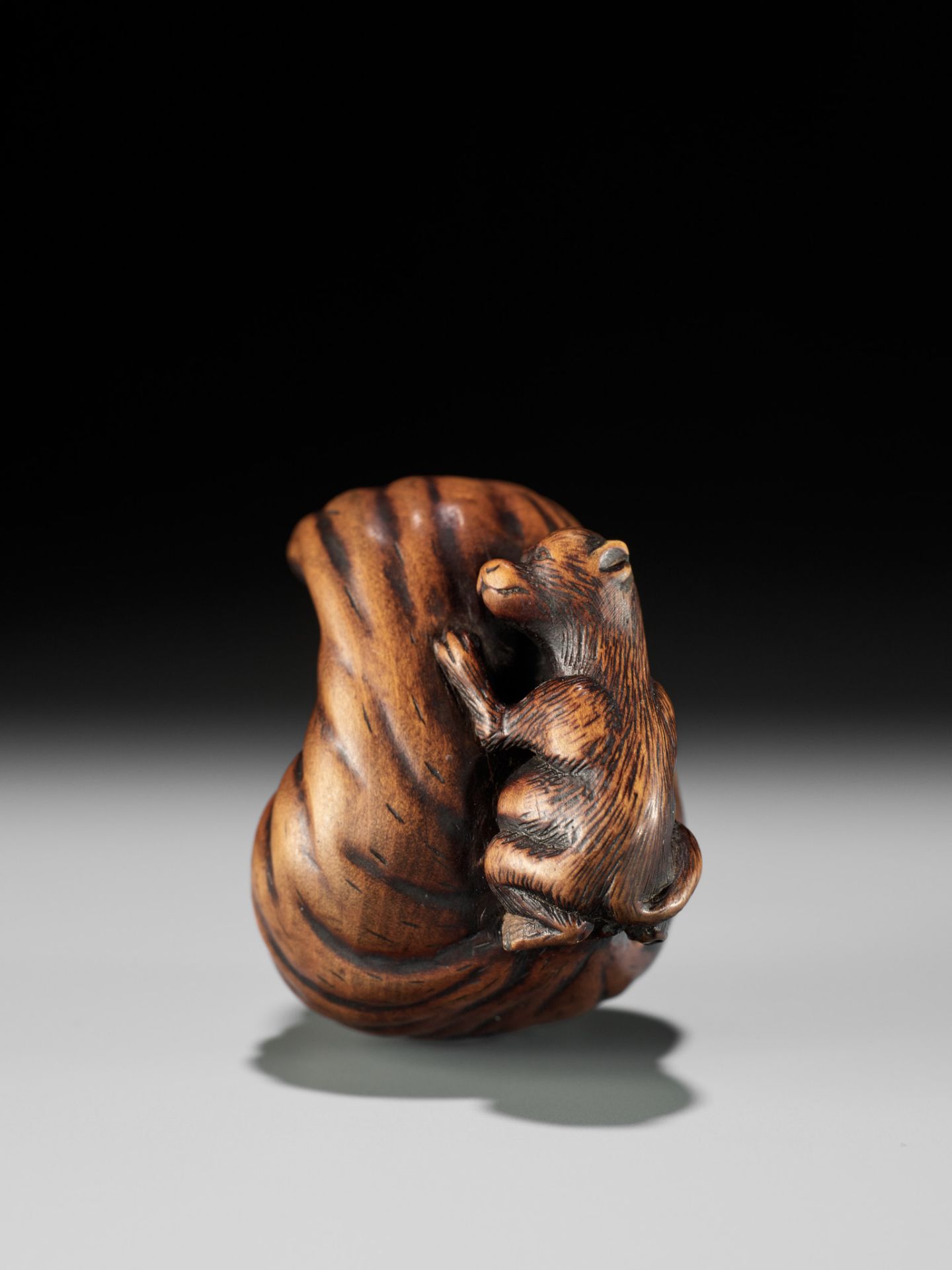 ISSHINSAI: A HUMOROUS WOOD NETSUKE OF TANUKI WITH A MAGICAL DARUMA DOLL SCROTUM - Bild 4 aus 16