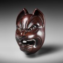 TAKASHIGE: A SUPERB AND LARGE WOOD MASK OF KITSUNE (FOX) WITH MOVABLE JAW