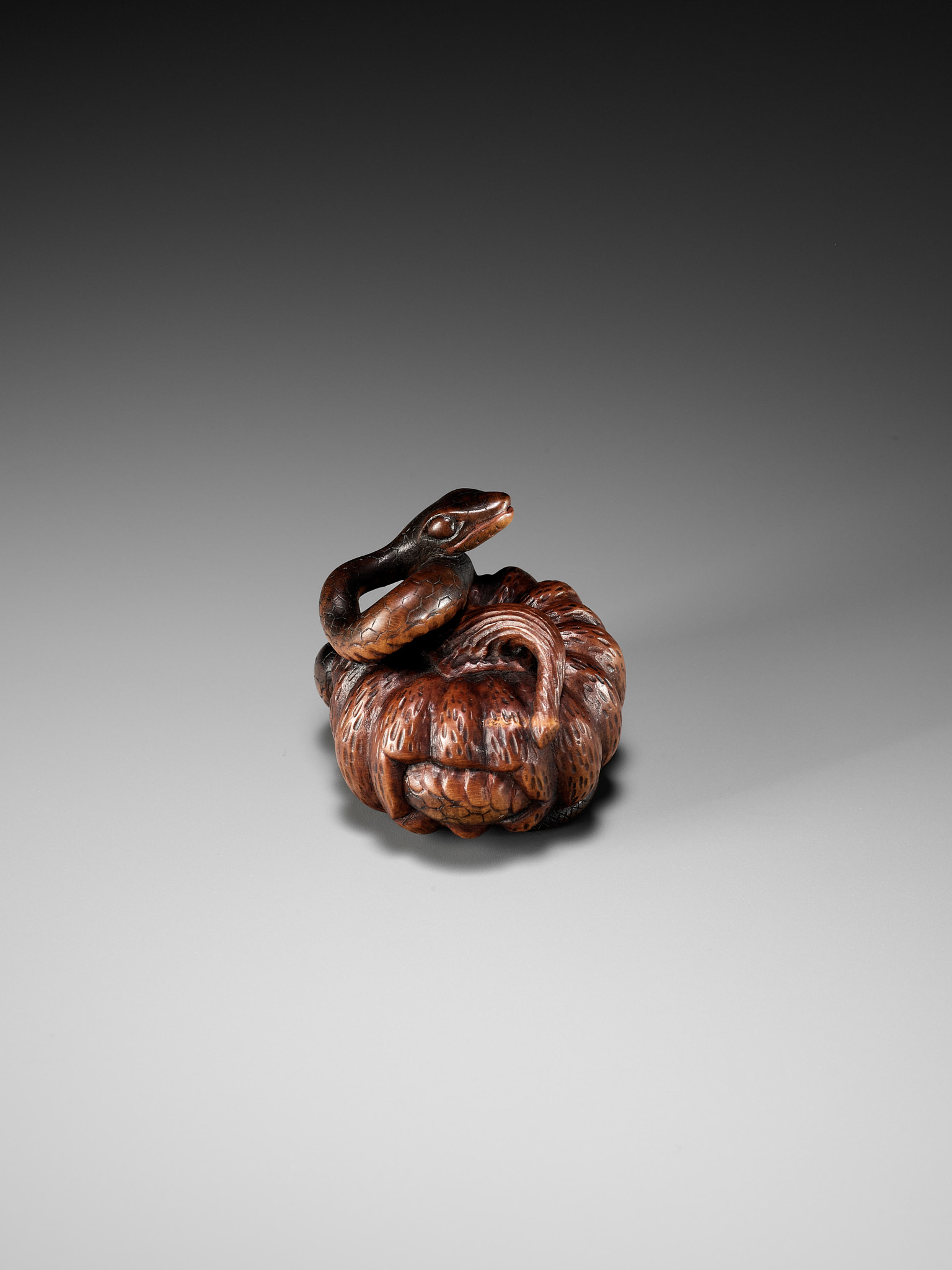 SHIGEMASA: A FINE NAGOYA SCHOOL WOOD NETSUKE OF SNAKE WINDING THROUGH A PUMPKIN - Image 3 of 11