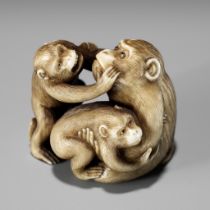 IKKOSAI: A FINE IVORY NETSUKE OF A MONKEY WITH TWO YOUNG