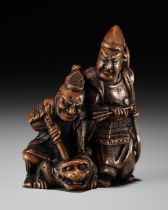 A FINE WOOD NETSUKE OF INO HAYATA AND MINAMOTO YORIMASA KILLING THE NUE