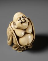 ANRAKU: A SUPERB IVORY NETSUKE OF HOTEI