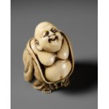 ANRAKU: A SUPERB IVORY NETSUKE OF HOTEI