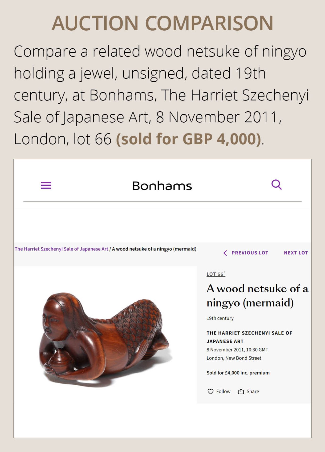 HOSAI: A FINE WOOD NETSUKE OF A NINGYO (MERMAID) CLUTCHING A PEARL - Image 6 of 12