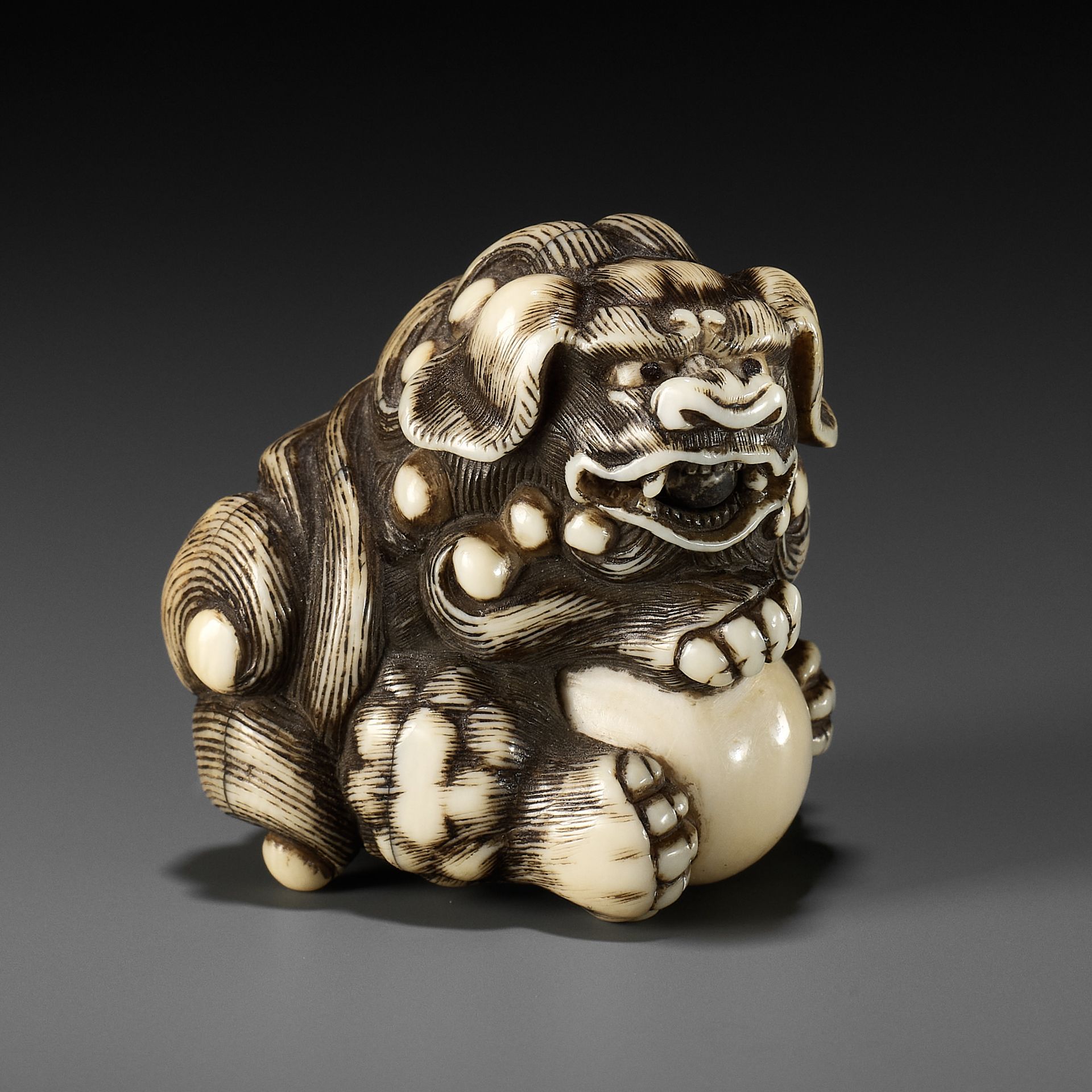 GYOKUZAN: AN IVORY NETSUKE OF A SHISHI