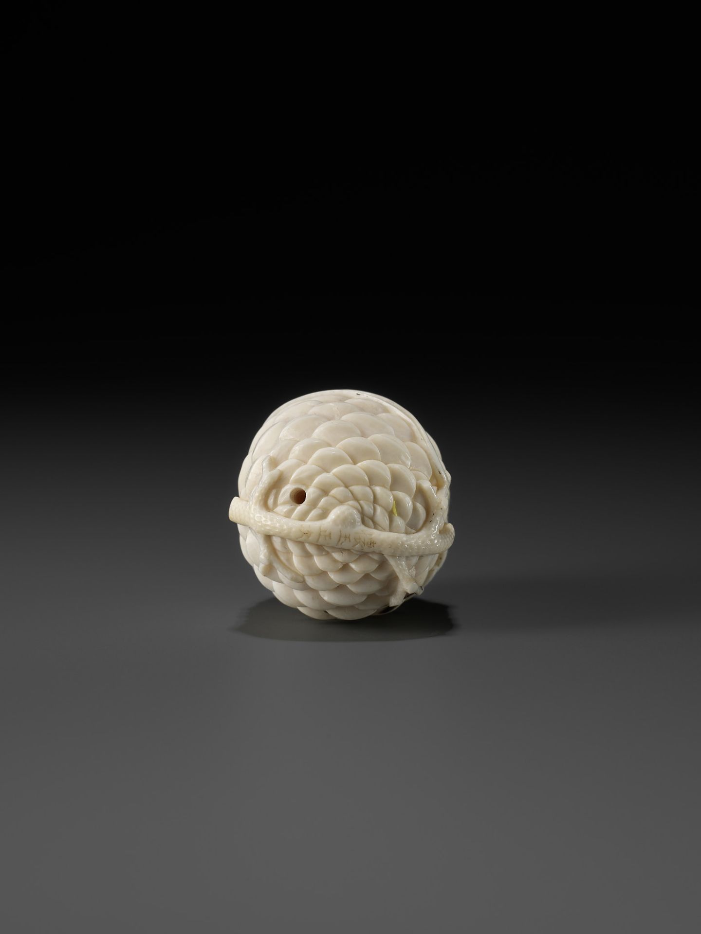 KAIGYOKU MASATSUGU: A FINE IVORY NETSUKE OF JO AND UBA INSIDE A PINECONE - Image 8 of 10