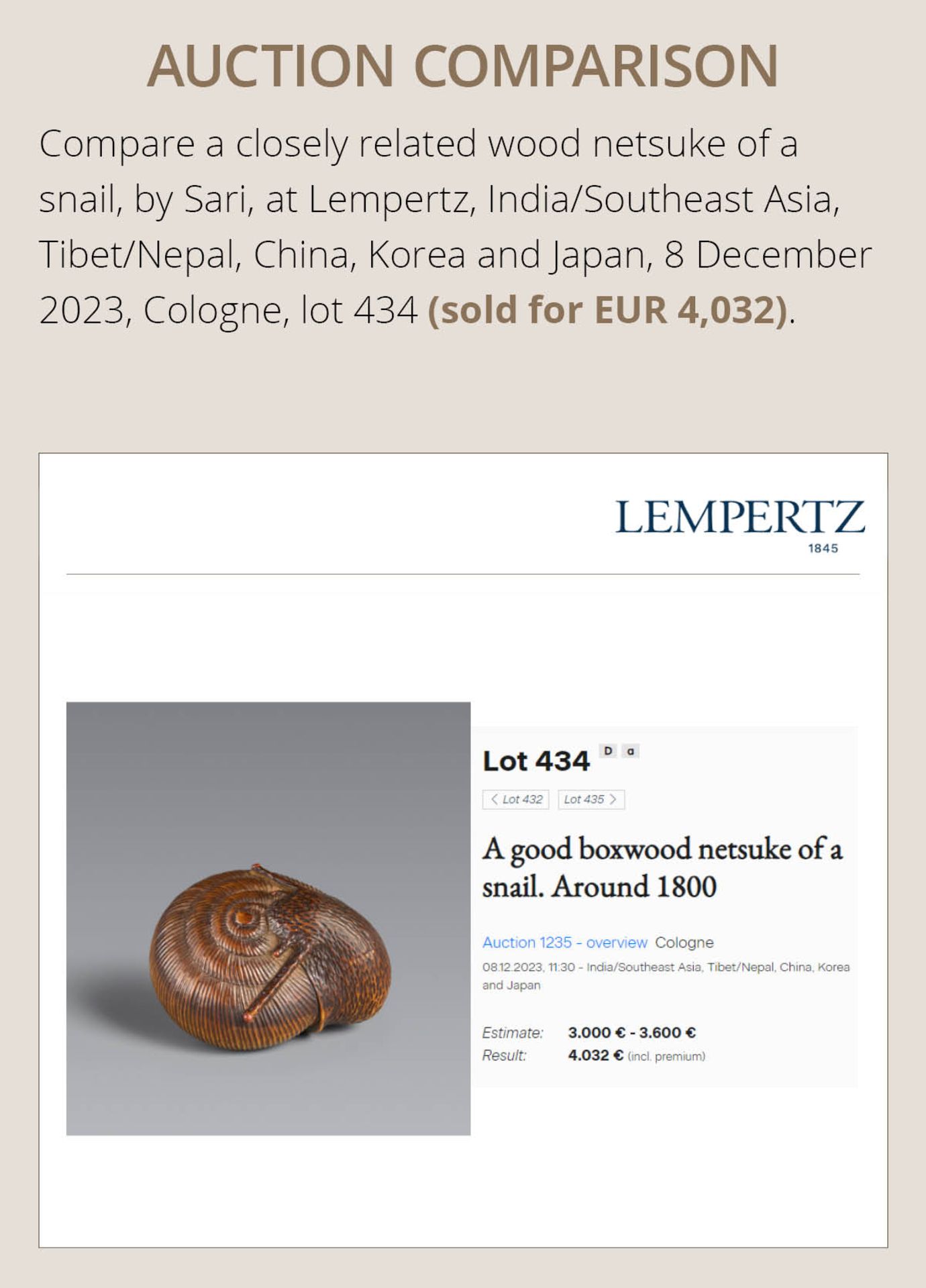 SARI: A FINE WOOD NETSUKE OF A SNAIL EMERGING FROM ITS SHELL - Bild 7 aus 17