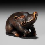 MASANAO SHINZAN: A FINE BOXWOOD NETSUKE OF A BOAR