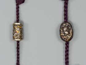 TWO VERY FINE MIXED METAL OJIME DEPICTING A TIGER AND A DRAGON