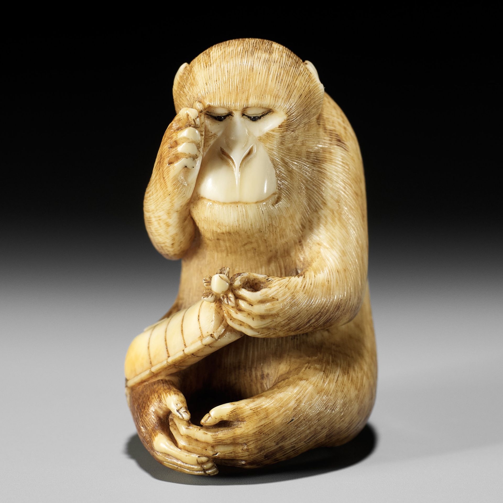 MASATOMO: AN AMUSING IVORY NETSUKE OF A SEATED MONKEY STUDYING A PEACH NETSUKE