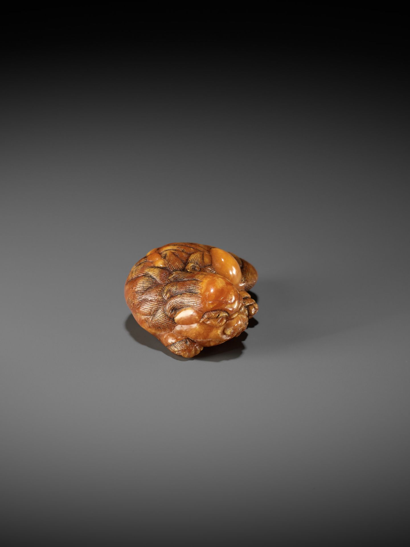 A VERY RARE CLOUDY AMBER NETSUKE OF A RECUMBENT SHISHI - Bild 7 aus 9