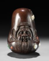 RYUGYOKU SANSUI: A VERY FINE INLAID WOOD NETSUKE OF FUKUROKUJU