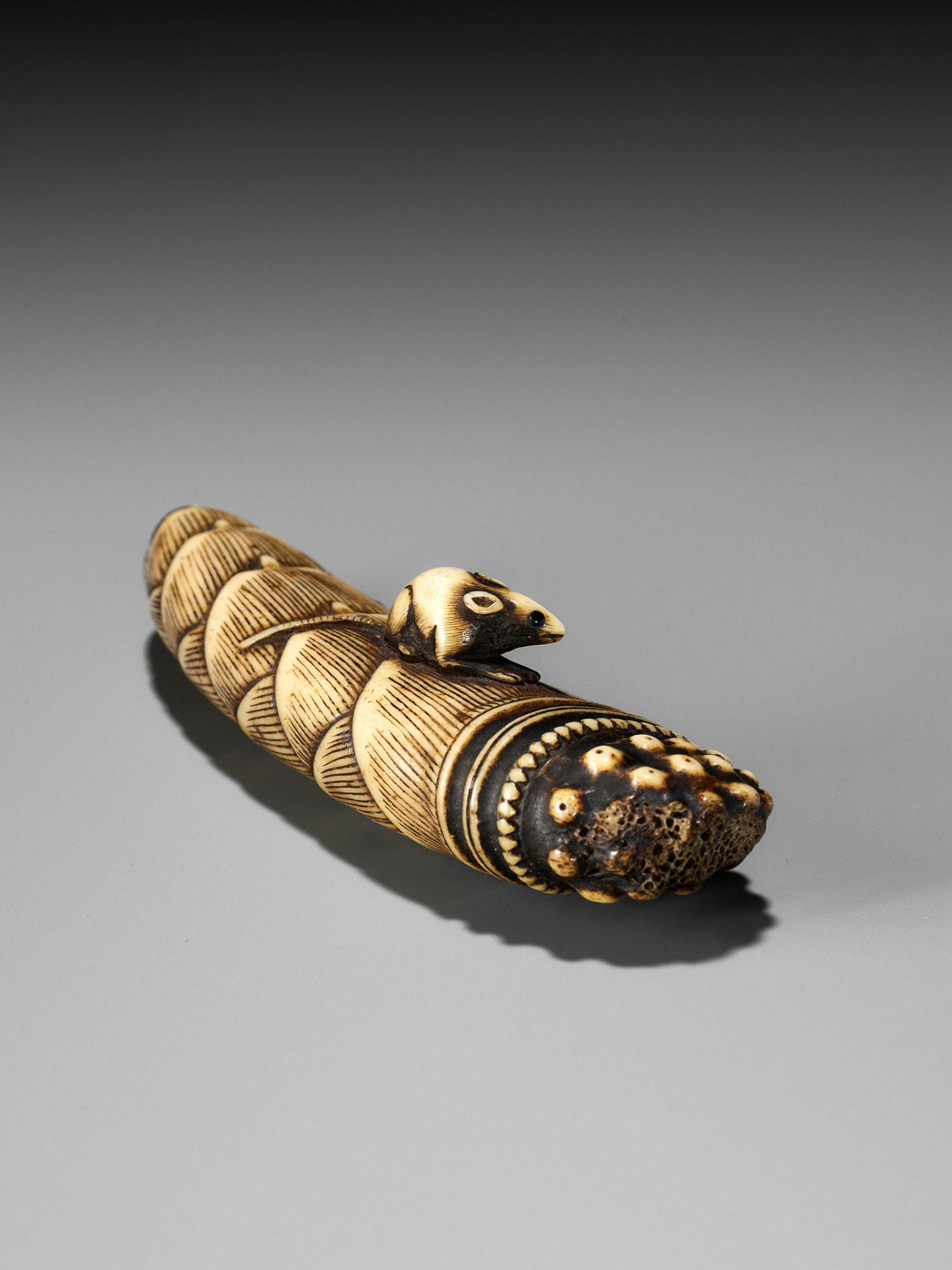 AN EARLY ANTLER NETSUKE DEPICTING A RAT ON A BAMBOO SHOOT - Bild 12 aus 14