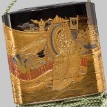 KAJIKAWA BUNRYUSAI: A MAGNIFICENT LACQUER FOUR-CASE INRO DEPICTING YOSHITSUNE'S JUMP AT DAN-NO-URA