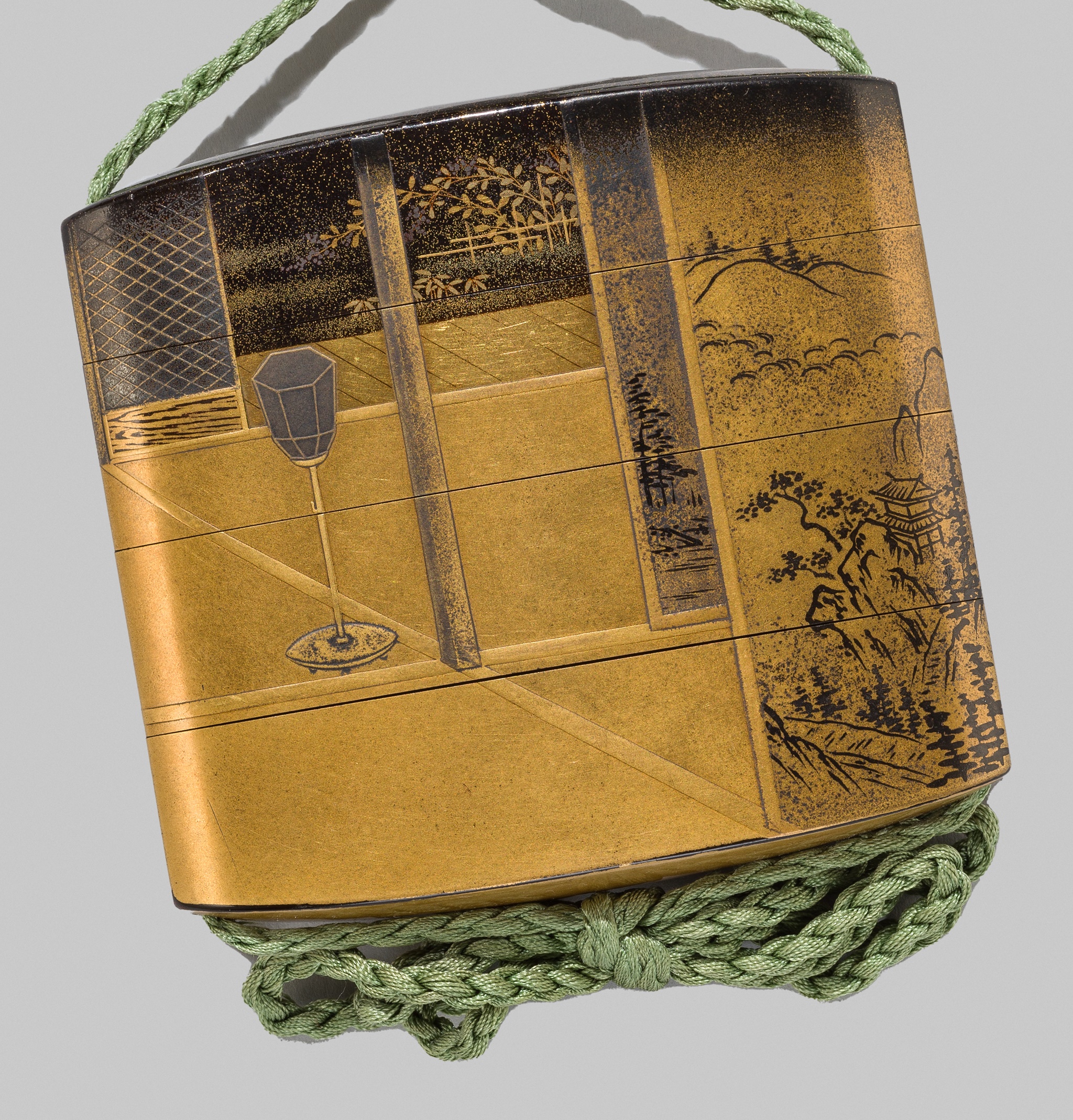 INAGAWA SENRYU: A FINE TOGIDASHI LACQUER THREE-CASE INRO DEPICTING A SCENE FROM THE TALE OF GENJI - Image 2 of 12