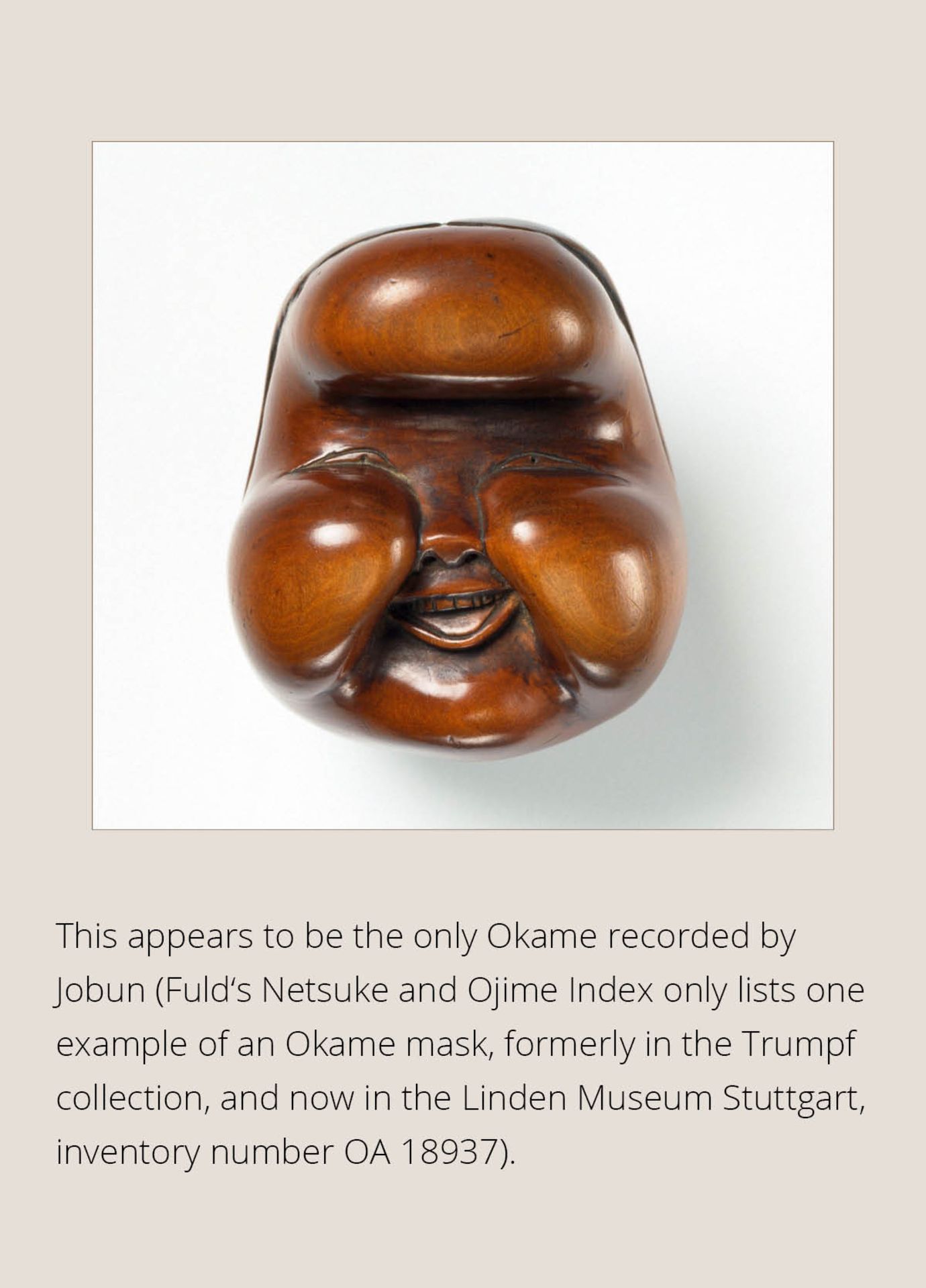 JOBUN: A VERY RARE WOOD NETSUKE OF OKAME WITH A SAKE SAUCER - Image 6 of 14