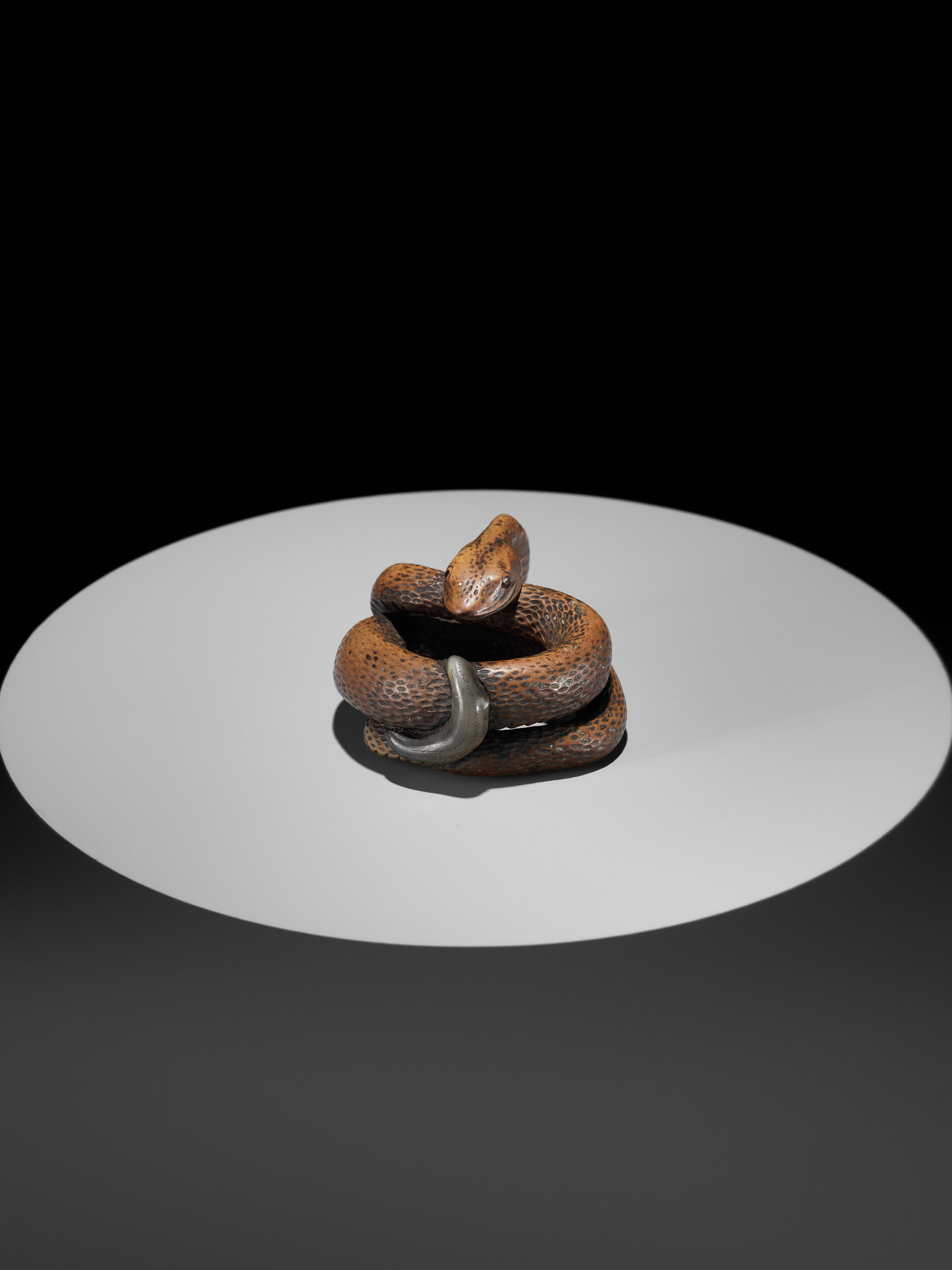 A LARGE AND POWERFUL WOOD NETSUKE OF A COILED SNAKE WITH AN INLAID SLUG BY TOMOKAZU - Image 10 of 13