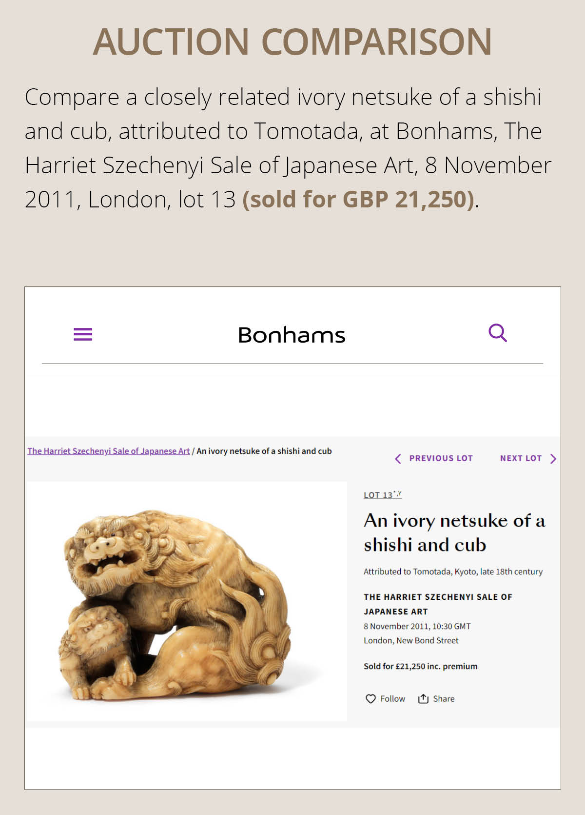 TOMOTADA: A SUPERB IVORY NETSUKE OF A RECUMBENT SHISHI SCRATCHING ITS JOWL - Image 5 of 24