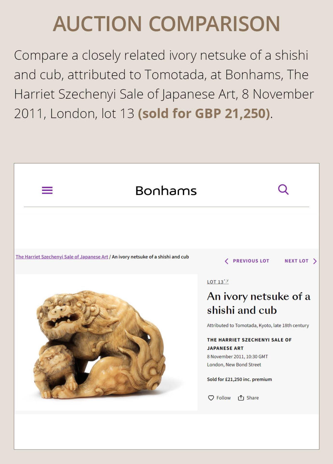 TOMOTADA: A SUPERB IVORY NETSUKE OF A RECUMBENT SHISHI SCRATCHING ITS JOWL - Bild 5 aus 24