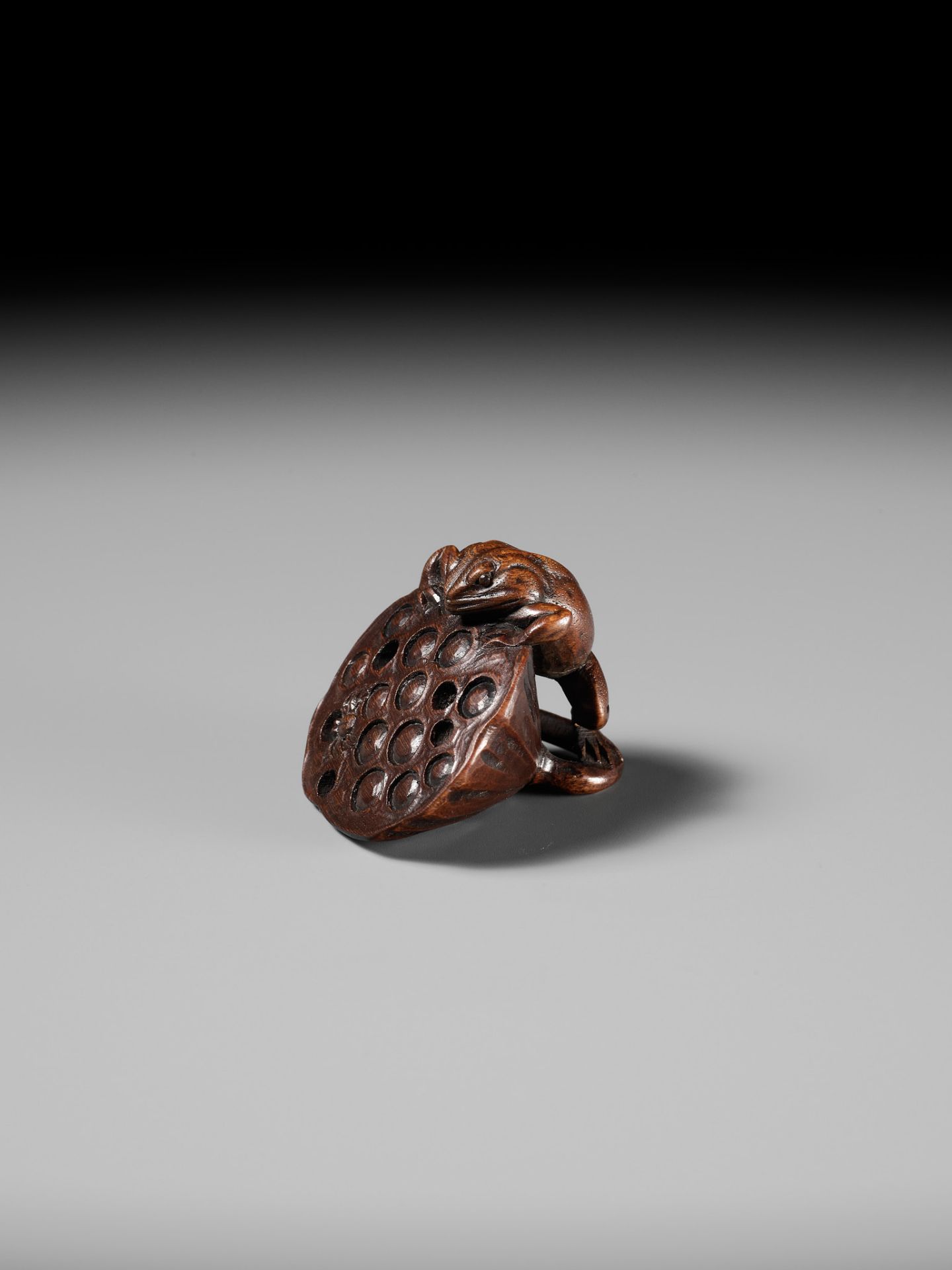 A RARE WOOD NETSUKE OF A FROG HUNTING A SPIDER ON A LOTUS POD - Bild 7 aus 11