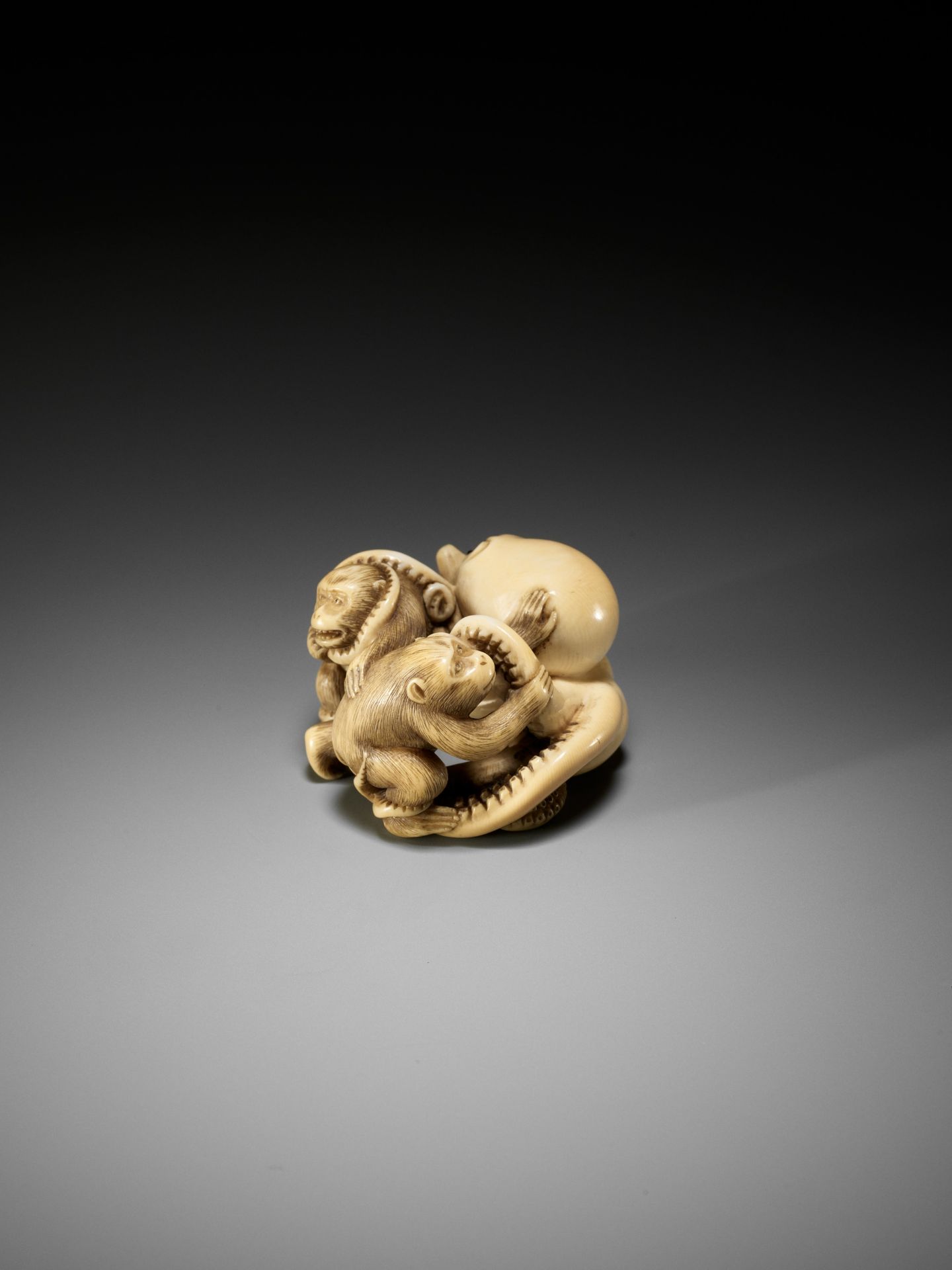 IKKOSAI: A SUPERB IVORY NETSUKE OF TWO MONKEYS FIGHTING AN OCTOPUS - Image 9 of 15