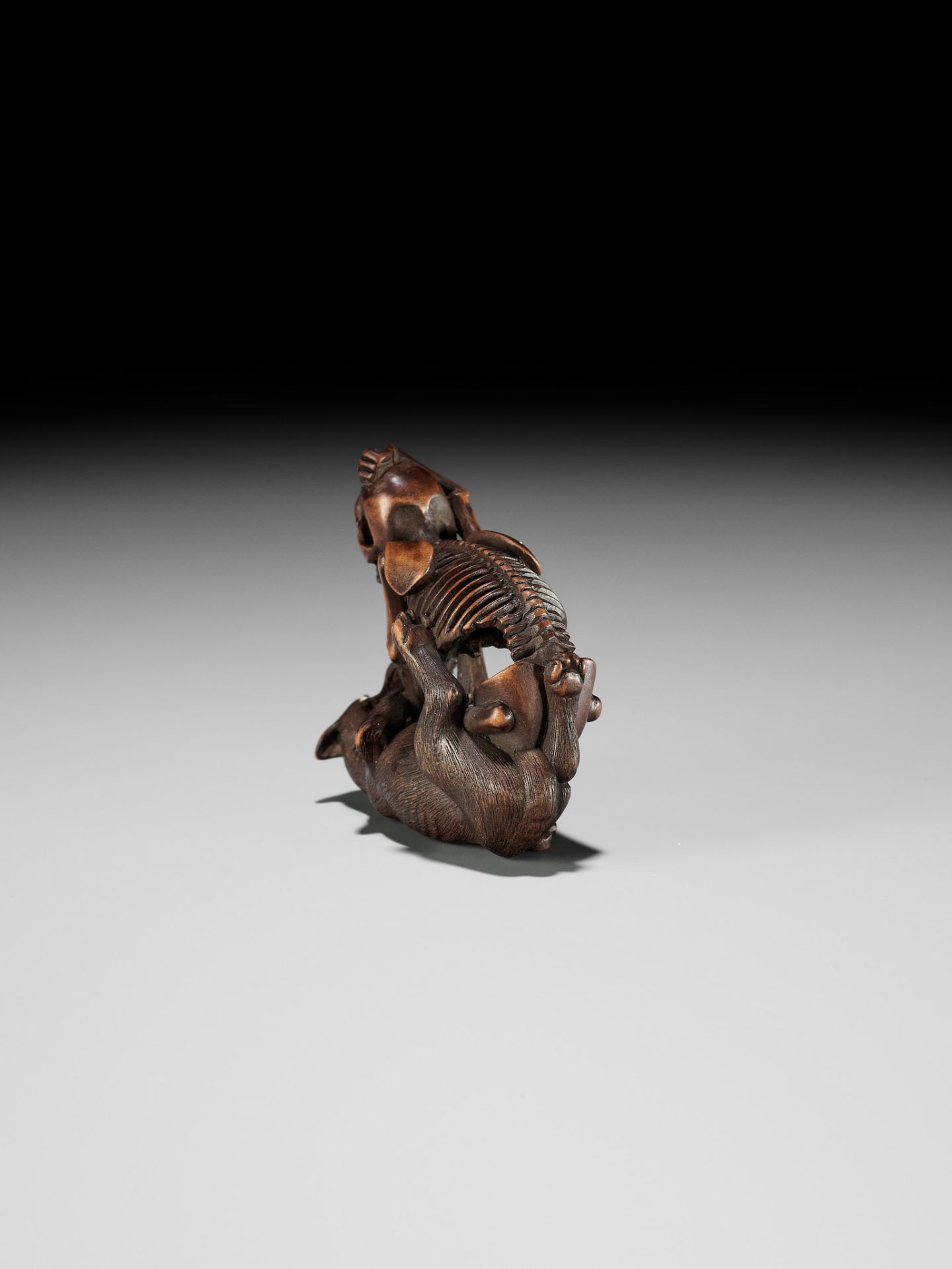 A FINE WOOD NETSUKE OF A WOLF AND SKELETON, ATTRIBUTED TO SHOKO SUGONOYA - Image 12 of 15