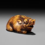 A KYOTO SCHOOL IVORY NETSUKE OF A FRIGHTENED RECLINING BOAR, SIGNED TOMOTADA