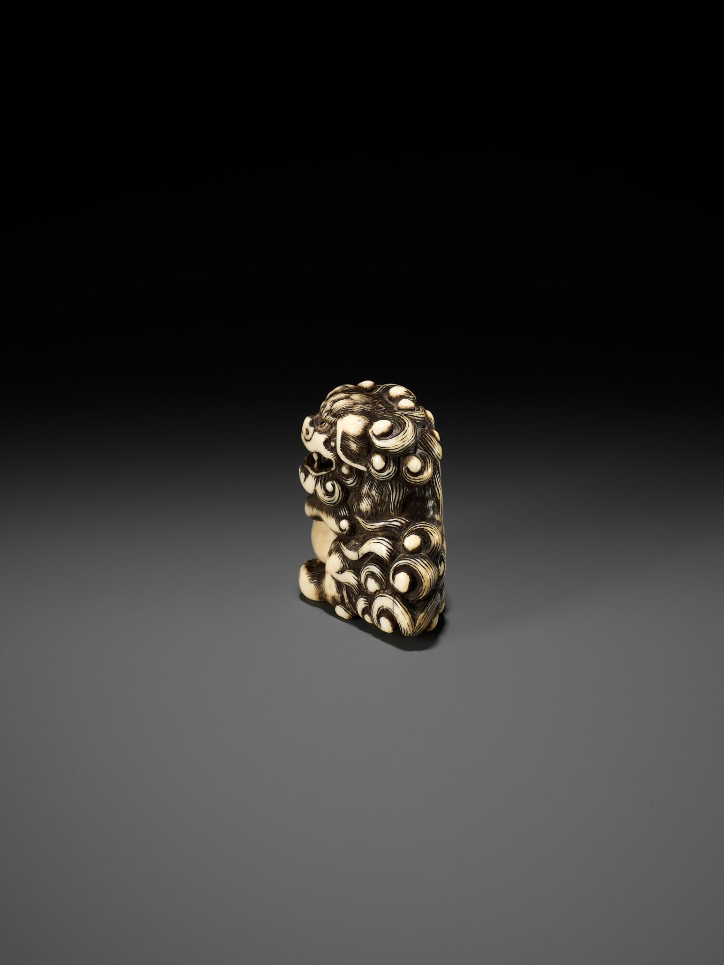 AN IVORY NETSUKE OF A SNARLING SHISHI WITH BALL - Bild 4 aus 10