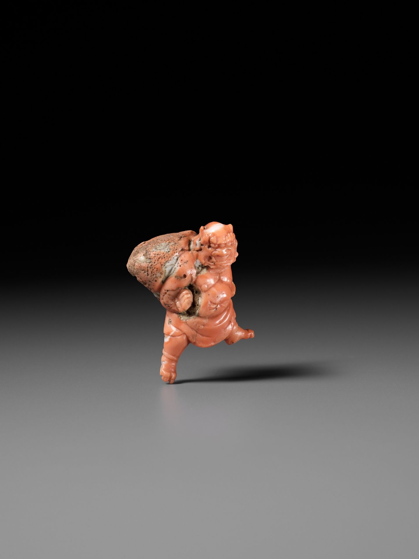 A VERY RARE SOLID CORAL NETSUKE OF FUJIN - Image 8 of 9