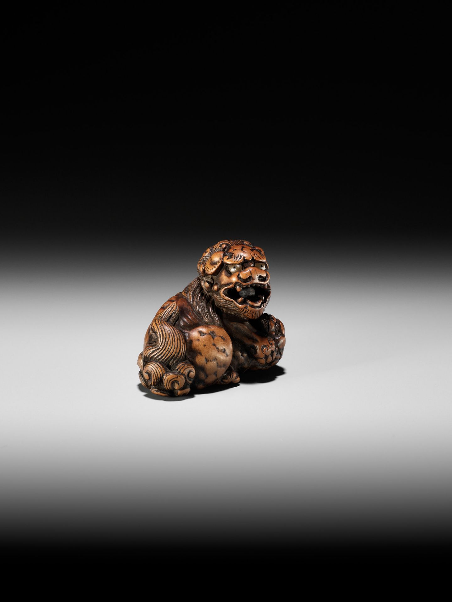 A FINE TANBA SCHOOL WOOD NETSUKE OF A SHISHI WITH YOUNG - Image 7 of 10