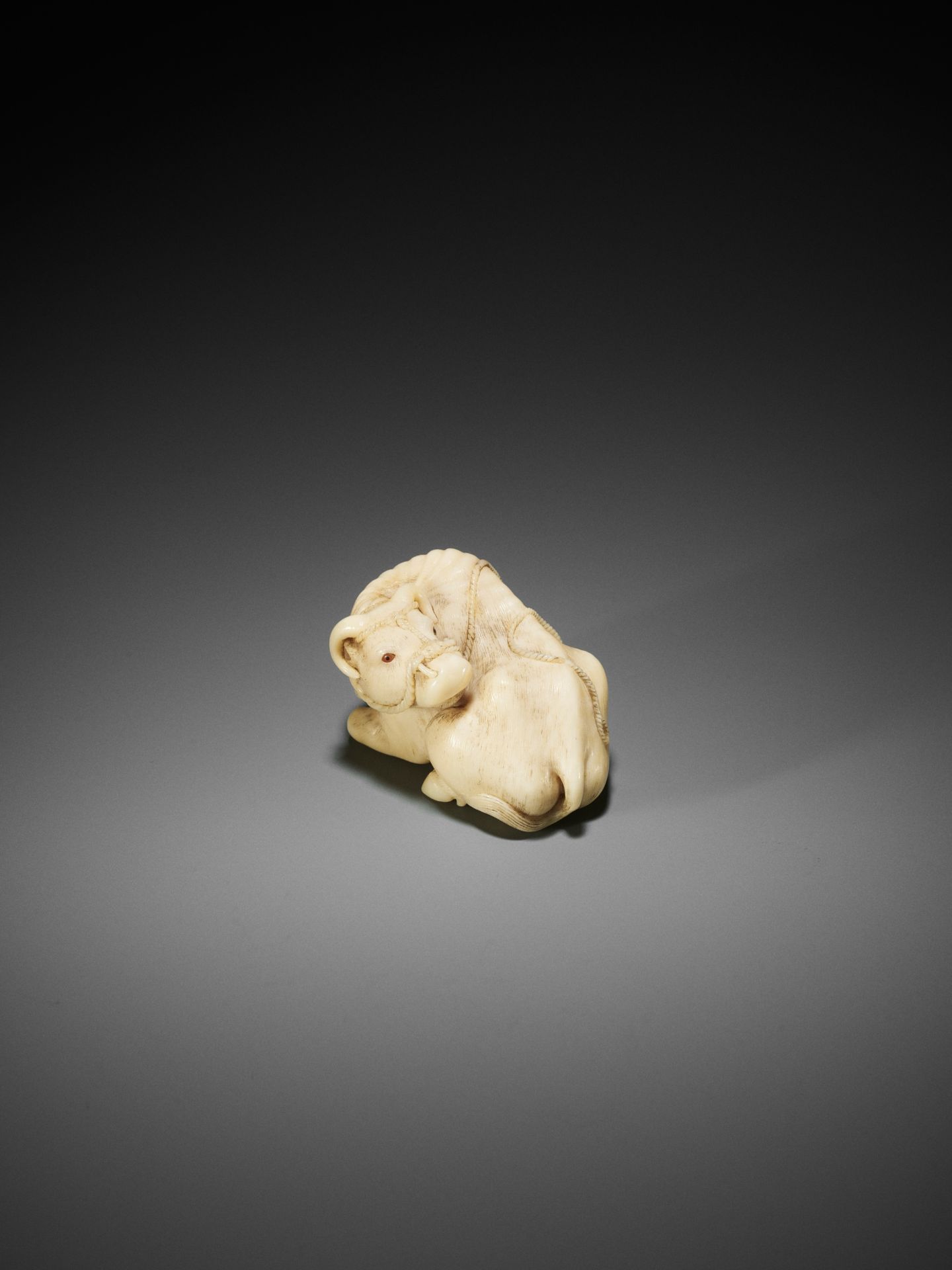 KAIGYOKUSAI MASATSUGU: A MASTERFUL AND IMPORTANT IVORY NETSUKE OF A RECUMBENT OX - Image 21 of 30