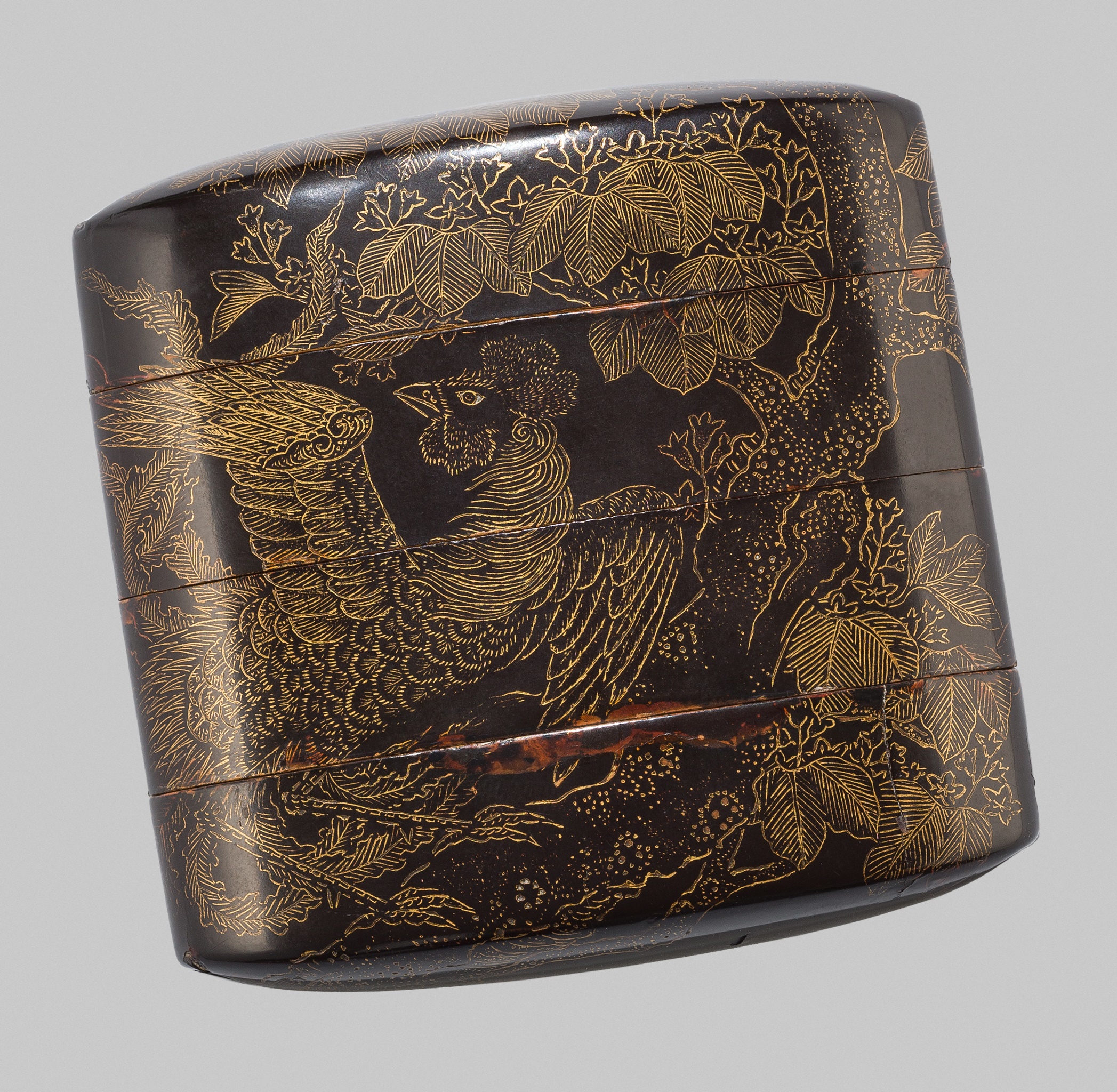 A BLACK LACQUER THREE-CASE INRO WITH A HO-O BIRD ON A KIRI TREE - Image 3 of 8