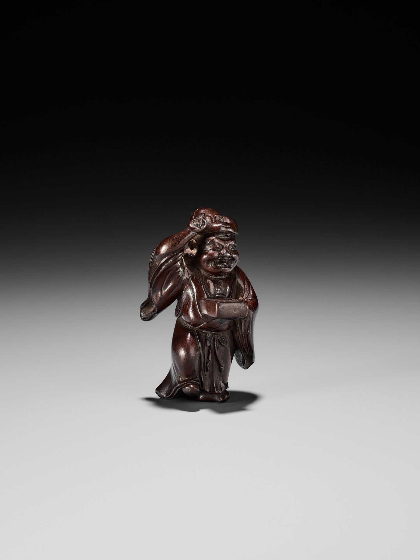 A FINE WOOD NETSUKE OF HOTEI AT SETSUBUN - Image 10 of 12